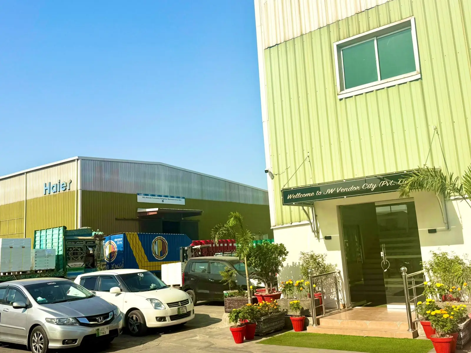 Pre-engineered steel warehouse buildings at the Haier industrial facility in Lahore